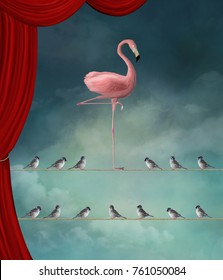 Stand Out From The Crowd - Flamingo Nd Sparrows In A Surreal Stage - 3D Mixed Media Illustration