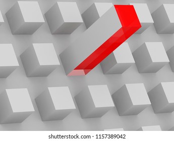 Stand out from the crowd. one of many. individuality.creative idea concepts , red cube shining among other dim cubes in the white  background with reflections and shadows. 3D rendering. 