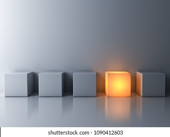 Stand out from the crowd and think different concepts , One glowing box or cube standing among white dim cubes on dark white background with reflections and shadows . 3D rendering.