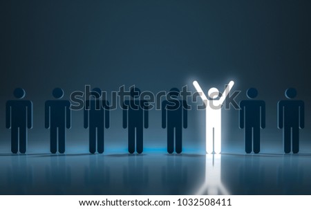 Stand out different concept. One glowing light man standing and arms wide open among other people. 3d rendering