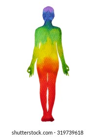 stand pose yoga with mudra hand, watercolor painting, abstract aura power, nature pattern design, rainbow chakra sign