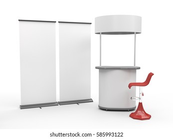 Stand with roll-up. 3D rendering