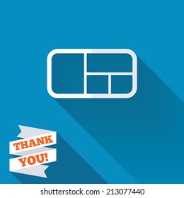 Stand sign icon. Modern furniture symbol. White flat icon with long shadow. Paper ribbon label with Thank you text.