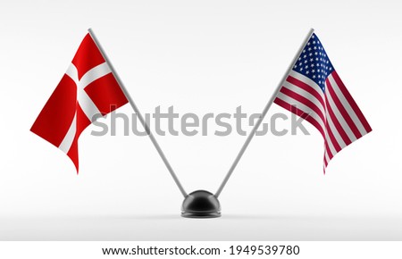 Stand with two national flags. Flags of Denmark and USA Isolated on a white background. 3d rendering illustration.