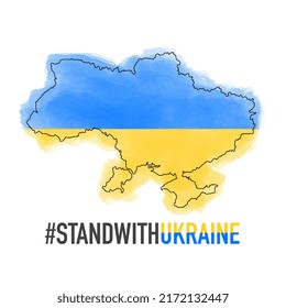 Stand with Ukraine. Map of Ukraine with the flag in the background. The concept of peace in Ukraine.