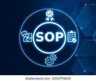 Standard operating procedure for with checklist, certification icons in futurist blue background