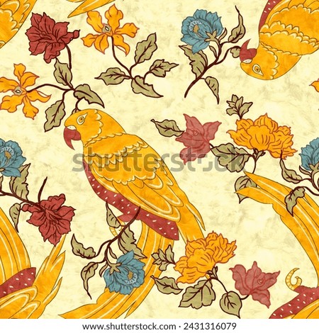 standard, with rapport pattern; tropical, with foliage FLOWERS AND BIRDS, CRYON artistic style, with a lot of realism and in all senses and all directions.