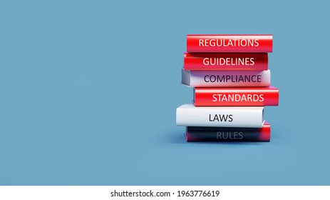 Standardization concept Red and white-colored book stacks with regulation, standards, guidelines, compliance, law, rule text On blue-colored background Horizontal composition 3d rendering