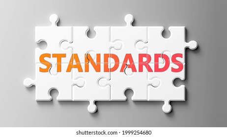 Standards complex like a puzzle - pictured as word Standards on a puzzle pieces to show that Standards can be difficult and needs cooperating pieces that fit together, 3d illustration