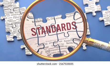 Standards as a complex and multipart topic under close inspection. Complexity shown as matching puzzle pieces defining dozens of vital ideas and concepts about Standards,3d illustration