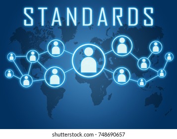 Standards - text concept on blue background with world map and social icons.
