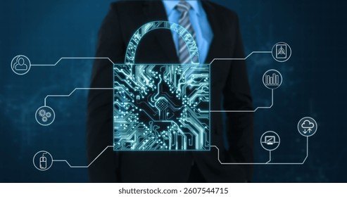 Standing behind digital lock graphic, businessman representing data protection and cybersecurity. encryption, technology, network, privacy