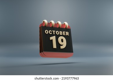 Standing Black And Red Month Lined Desk Calendar With Date October 19. Modern Design With Golden Elements, 3d Rendering Illustration. Blue Gray Background.