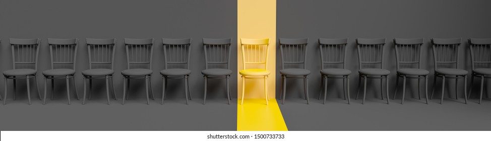 Standing Chairs In A Row, Yellow Chair Stands Out Among The Likes. Business Hiring And Recruiting Concept. 3d Illustration.