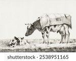 Standing cow with lying calf (1816) by Jean Bernard (1775-1883). Black and white cow cattle farm animal sketch. Vintage cow cattle art drawing illustration, old painting art print of cow farm animal.