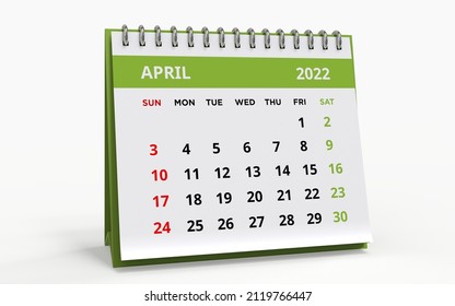 Standing Desk Calendar April 2022. Business Monthly Calendar With Metal Spiral-bound, The Week Starts On Sunday. Monthly Pages With Green Title, Isolated On A White Background, 3d Render.