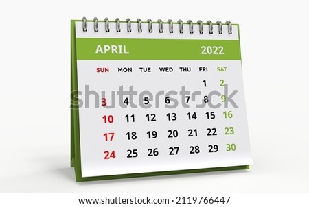 Standing Desk Calendar April 2022. Business monthly calendar with metal spiral-bound, the week starts on Sunday. Monthly Pages with green title, isolated on a white background, 3d render. Foto d'archivio © 
