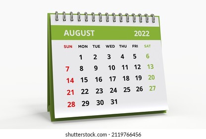 Standing Desk Calendar August 2022. Business Monthly Calendar With Metal Spiral-bound, The Week Starts On Sunday. Monthly Pages With Green Title, Isolated On A White Background, 3d Render.