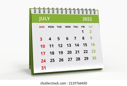 Standing Desk Calendar July 2022. Business monthly calendar with metal spiral-bound, the week starts on Sunday. Monthly Pages with green title, isolated on a white background, 3d render. - Powered by Shutterstock