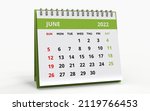 Standing Desk Calendar June 2022. Business monthly calendar with metal spiral-bound, the week starts on Sunday. Monthly Pages with green title, isolated on a white background, 3d render.