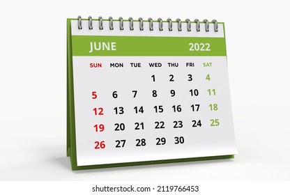 Standing Desk Calendar June 2022. Business Monthly Calendar With Metal Spiral-bound, The Week Starts On Sunday. Monthly Pages With Green Title, Isolated On A White Background, 3d Render.