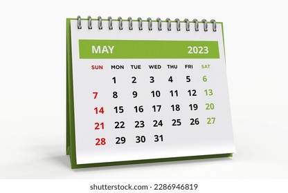 Standing Desk Calendar May 2023. Business monthly calendar with metal spiral-bound, the week starts on Sunday. Monthly Pages on a white base and green title, isolated on white background, 3d render
 - Powered by Shutterstock