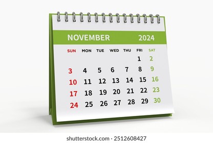 Standing Desk Calendar November 2024. Business monthly calendar with metal spiral-bound, the week starts on Sunday. Pages on a white base and green title, isolated on white background, 3d render - Powered by Shutterstock