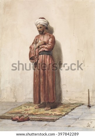 Standing Egyptian with Prayer Beads, by Willem de Famars Testas, 1862, Dutch watercolor painting