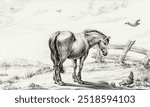 Standing horse at chicken with chicks (1803) by Jean Bernard (1775-1883). Vintage horse art drawing illustration, old horse, animal art print. Draught horse on farm.