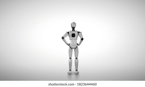 Standing humanoid robot looking forward on clean background 3D illustration