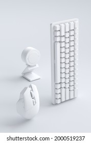 Standing Monochrome Gamer Gears Like Mouse, Keyboard And Web Camera On White Table Background. 3d Rendering Of Accessories For Live Streaming Concept Top View