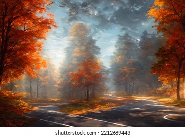 I Am Standing On A Mountain Road, Surrounded By Tall Trees. The Leaves Are Red And Yellow, And The Air Is Crisp. I Can See The Valley Below Me, And In The Distance, There Is A Lake.