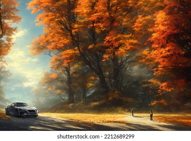 I Am Standing On A Winding Road, Surrounded By Tall Trees. The Leaves Are Red And Orange, Making The Forest Look Like It's On Fire. I Can See Mountains In The Distance Covered In Snow. There Is A Chil