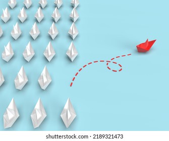 Standing Out From The Crowd. Group Of Paper Boat In One Direction, One Individual Pointing In The Different Way. 3d Rendering.