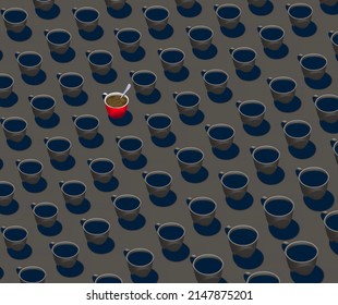 Standing Out In A Crowd Is The Theme Of This Image Where Identical Cups Of Coffee Are In Rows But One Cup Is Different From The Others. Different, Color, Spilled, Etc. This Is A 3-d Illustration.