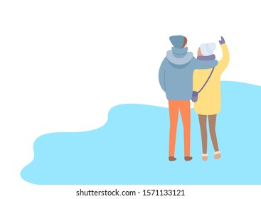 Standing in wintertime man embracing woman in hat and jacket with bag and colorful trousers. Back view of couple outdoor, papercard with text raster - Powered by Shutterstock