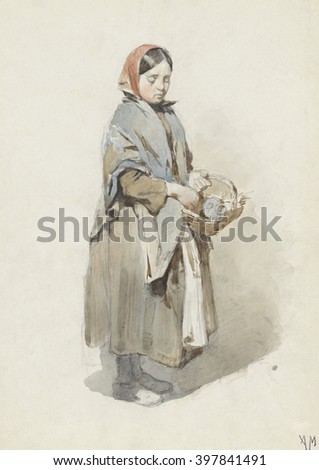 Standing Woman with Headscarf and Basket, by Anton Mauve, 1860-80, Dutch watercolor painting, drawing. Young women dressed in drab clothing holding a basket