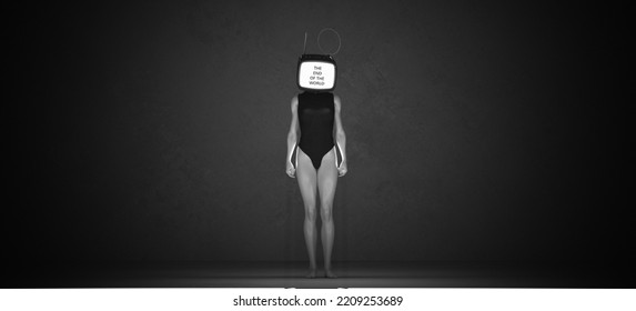 Standing Woman With A TV Head End Of The World Retro Halloween Dystopian Horror 3d Illustration Render