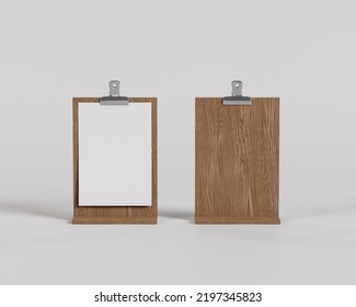 Standing Wood Clipboard Mockup, Menu Board, 3d Render, 3d Rendering