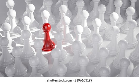 Standout Concept Red Pawn Chess Between White Pawns 3D Render