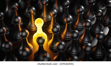 Standout Concept Yellow Glow Pawn Chess Between Black Pawns 3D Render