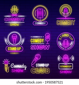 Standup Show. Retro Microphone Comedy Club Neon Logotypes Comedian Identity Set Collection