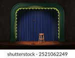 A stand-up stage with a microphone, bar stool and spotlights. Empty theater stage. 3d illustration