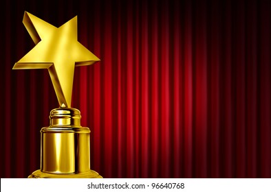 Star Award On Red Curtains Or Velvet Drapes With A Spot Light Representing An Achievement Trophy Prize On A Theater Stage During An Awards Ceremony To Celebrate The Winner Of The Golden Shiny Honor.