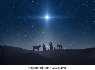 Star of Bethlehem, or Christmas Star. Silhouettes of Jesus Christ, Mary, Joseph and animals - Shutterstock ID 2223311985