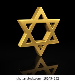 Star Of David Gold Symbol On A Black Background With Reflection