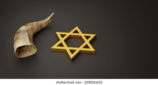 Star Of David And Shofar With Copy Space. Yom Kippur Concept. 3d Illustration.