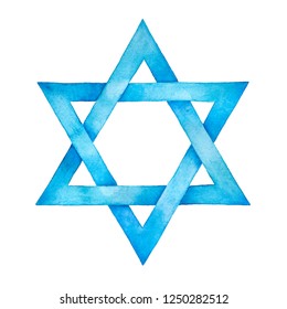 Star Of David Watercolor Illustration. Six Pointed Geometric Figure And Light Blue Artistic Gradient. Handdrawn Water Color Graphic Painting On White Backdrop, Cut Out Element For Design And Decor.