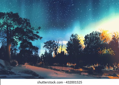 Star Field Above The Trees In Forest,night Scenery,illustration