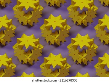 Star Flower abstract 3D illustration reapeat pattern. yellow on purple background